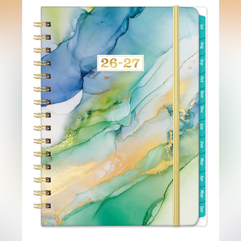 2026-2027 Marble Watercolor Spiral Planner - Blue Green Gold